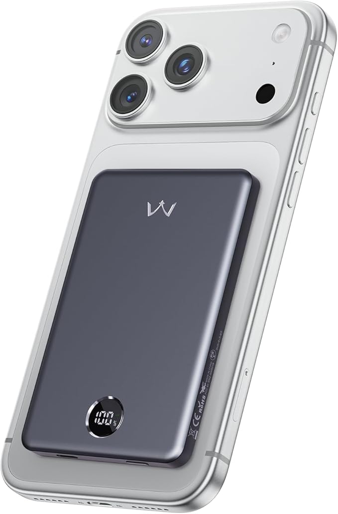 iWALK Magnetic Portable Charger, 5,000mAh Ultra-Slim Power Bank Wireless Charging Battery Pack with LED Power Display, Comfortable Grip Powerbank Compatible with iPhone 17/16/15/14/13 Series, Gray