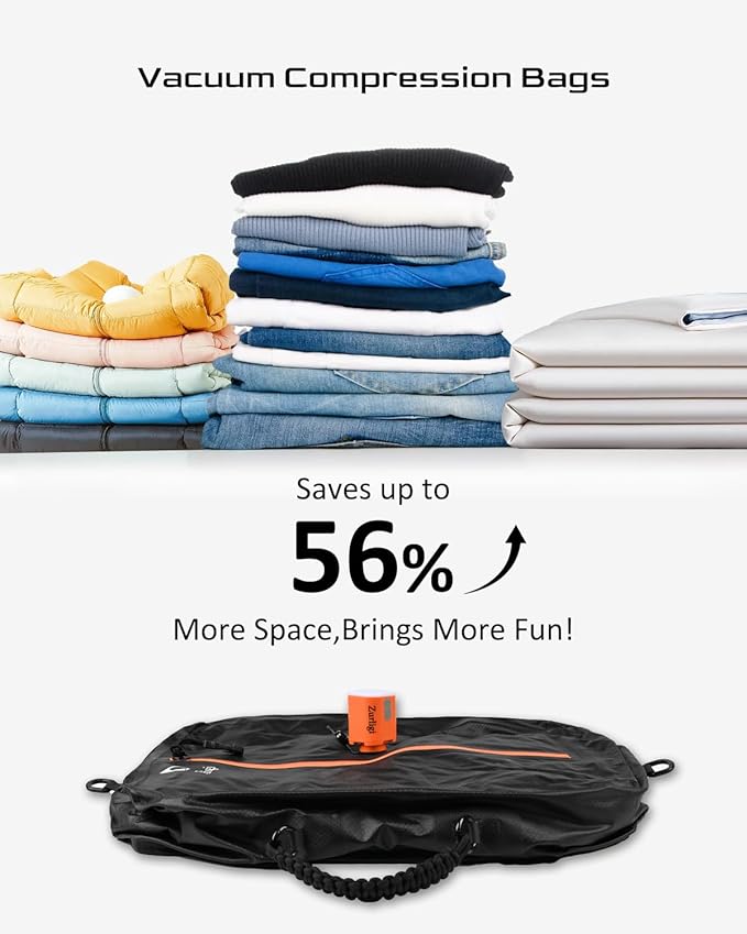 Zurligi Vacuum Compression Bags with Pump for Travel - Waterproof, Reusable, Removable Handle, Portable Travel Pack Vacuum Bag Kit for Carry On Suitcases and Backpack