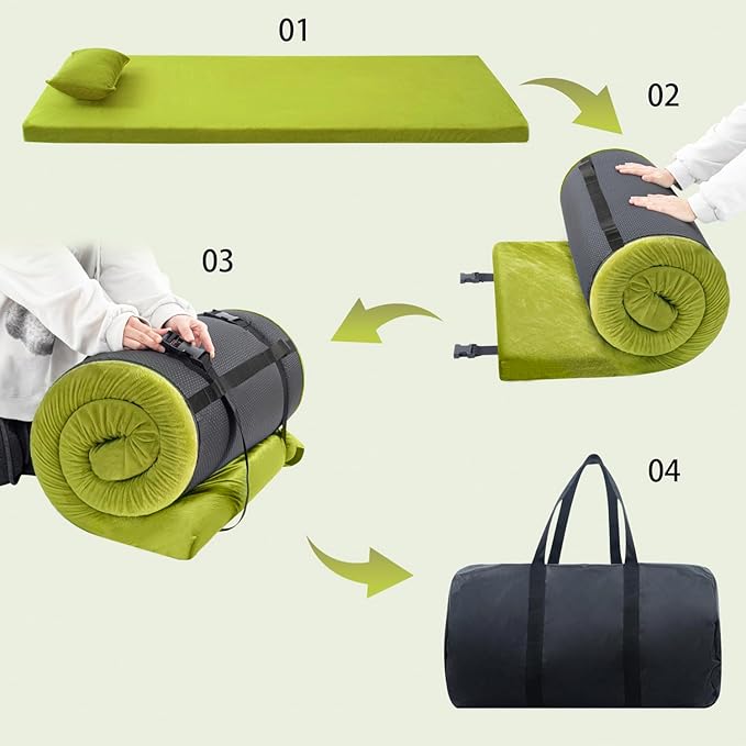 Sleeping Pad,3-inch Thick Memory Foam Camping Mattress,Portable Roll-Up Mat for Car/Tent/Floor/Cot/Travel,Comfortable Pad for Guests Sleepover