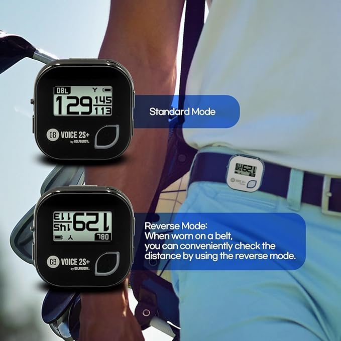 GolfBuddy Voice 2S+ Talking GPS Rangefinder Bundle with Official GolfBuddy Wristband Black – Audio Distance to Front/Center/Back, 18-Hour Battery, Preloaded Courses, Wearable Golf GPS Watch Conversion