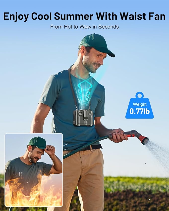 BLAVOR Portable Waist Fan, 5 Speeds Rechargeable Fan with Bluetooth Speaker & Flashlight, 40H Runtime, 16000RPM Strong Airflow, Personal Cool Clip Fans Under Shirt Belt for Outdoor, Work, Camping
