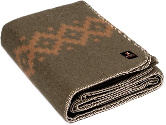 Thick Alpaca Wool Blanket Heavyweight Camping Outdoors Indoors Soft Peru King Size Ethnic Design (Olive Green - Soft Camel, King Size)