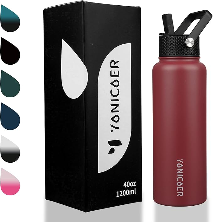 Insulated Water Bottle 40oz,Triple Wall Vacuum Stainless Steel(Dishwasher Safe),Leak Proof & Non-BPA,Flask Jug with Paracord Handle & Straw Spout Lids Sports Red