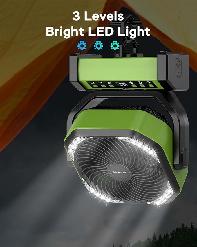 Camping Fan with Light, 20000mAh Rechargeable Battery Operated Fan, 112H Max Cooling Time, 8 Speeds, Digital Display, Remote Control, 270°Pivot with Hook for Tent Car RV Power Outage Hurricane