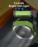 Camping Fan with Light, 20000mAh Rechargeable Battery Operated Fan, 112H Max Cooling Time, 8 Speeds, Digital Display, Remote Control, 270°Pivot with Hook for Tent Car RV Power Outage Hurricane