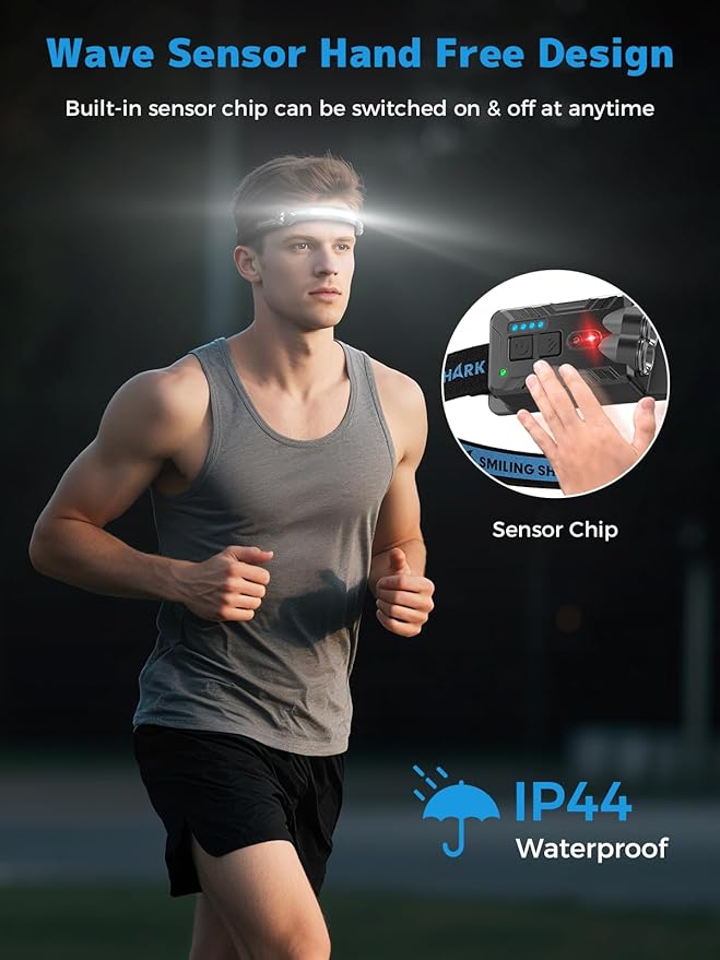 Smiling Shark TD-0123-S Headlamp, 2400mAh Ultra-Bright Head Lamp Flashlight Rechargeable with Hands-Free Motion Sensor, Multi-Mode LED Head Lamp with 315°Rotated for Outdoor, Camping, Hiking, Running