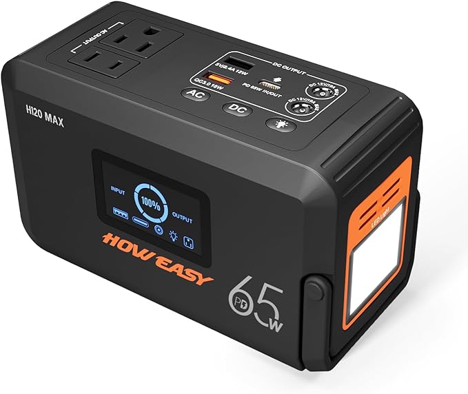 HOWEASY Portable Power Station 98Wh,135W(200W Peak) Solar generator, 110V AC Outlet and 65W PD output,Lithium Battery Backup Power Bank with LED Light for Camping, Home Backup Outdoor Emergency