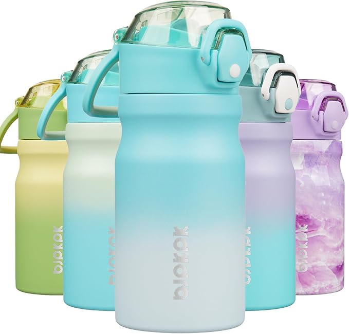 BJPKPK 14oz Insulated Water Bottle With Straw Stainless Steel Double Wall Water Bottles BPA Free Leak Proof Thermo With Lockable Flip Lid And Soft Silicone Spout,Sea Salt