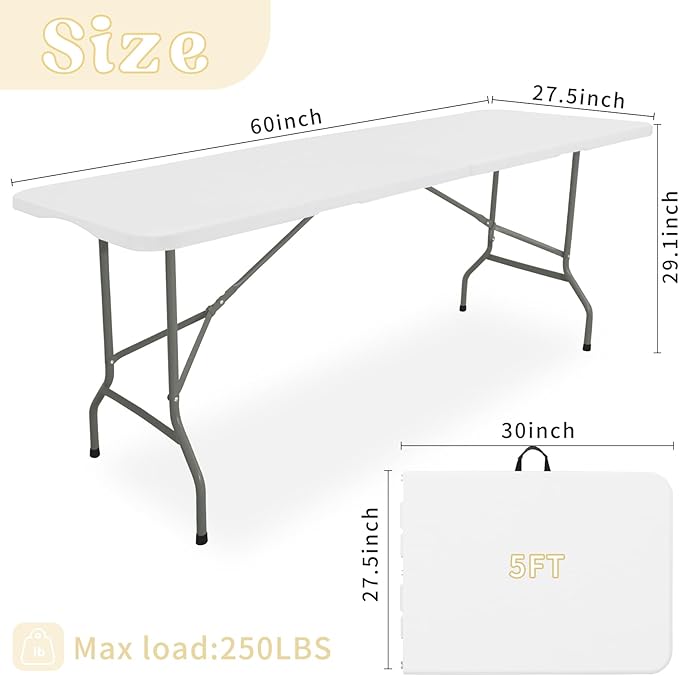 Set of 2 Folding Table 5 FT Camping Table Portable Heavy Duty Plastic Rectangular Outdoor Dining Table Steel Legs Fold-in-Half with Carrying Handle for Indoor,Picnic,Party,Wedding,Events(White)
