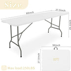 Folding Table 5 FT Camping Table Portable Heavy Duty Plastic Rectangular Outdoor Dining Table Steel Legs Fold-in-Half with Carrying Handle for Indoor,Picnic,Party,Wedding,Events(White)