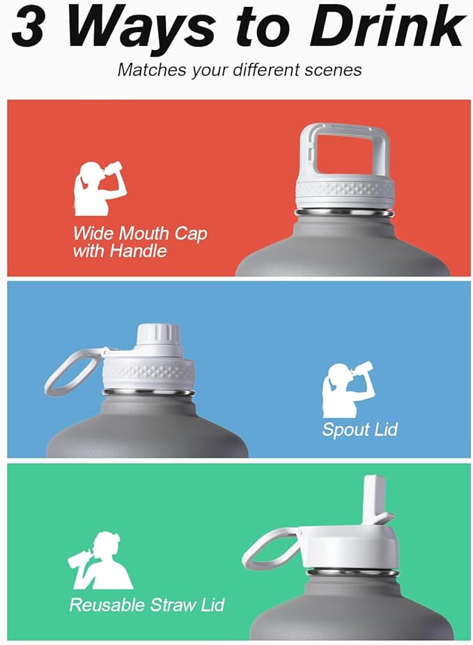Coolflask 128 oz Gallon Water Bottle Insulated with Straw&3 Lids, Water Jug Large Stainless Steel Metal Vacuum Wide Mouth for Sports, Gym or Office, Non-BPA Keep Cold 48H Hot 24H, Dark Grey