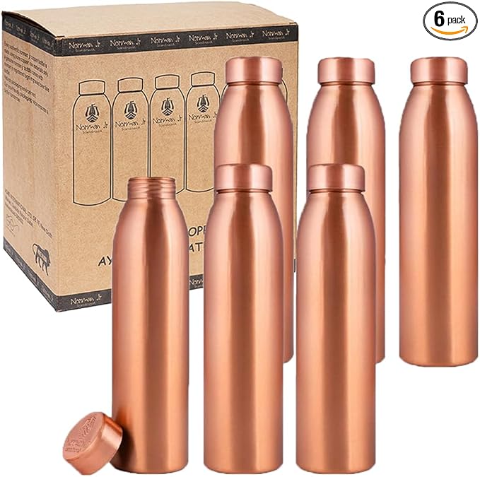 NORMAN JR, Copper Water Bottle 1Liter - Gift Box of 6, Plain, an Ayurvedic vessel made from pure copper - helps you drink more water, with many health benefits
