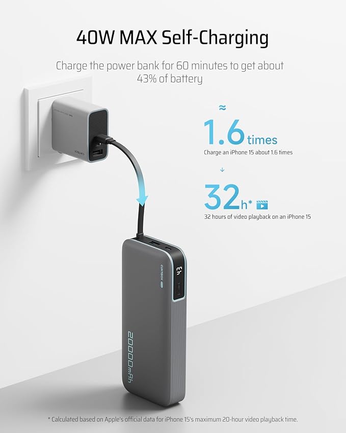 CUKTECH 45W Power Bank 20000mAh, Portable Travel Charger Built-in USB C Cable, Fast Charging Battery Pack for iPhone 16/15/14/13, iPad, Samsung Galaxy, Google Pixel, Android and More (Gray)