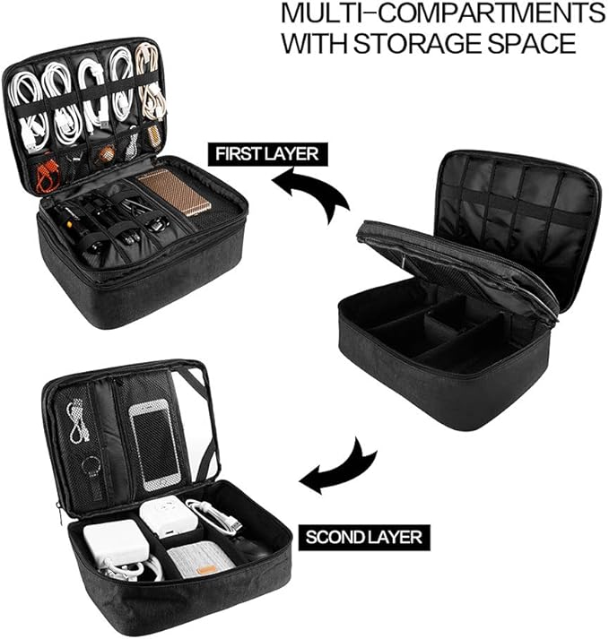 Travel Electronics Organizer, Waterproof Cable Organizer Bag for Electronic Accessories Double Layer Large Shockproof Cable Storage Bag for Cord, Power Bank, Tablet(Up to iPad 11 inch) - Black