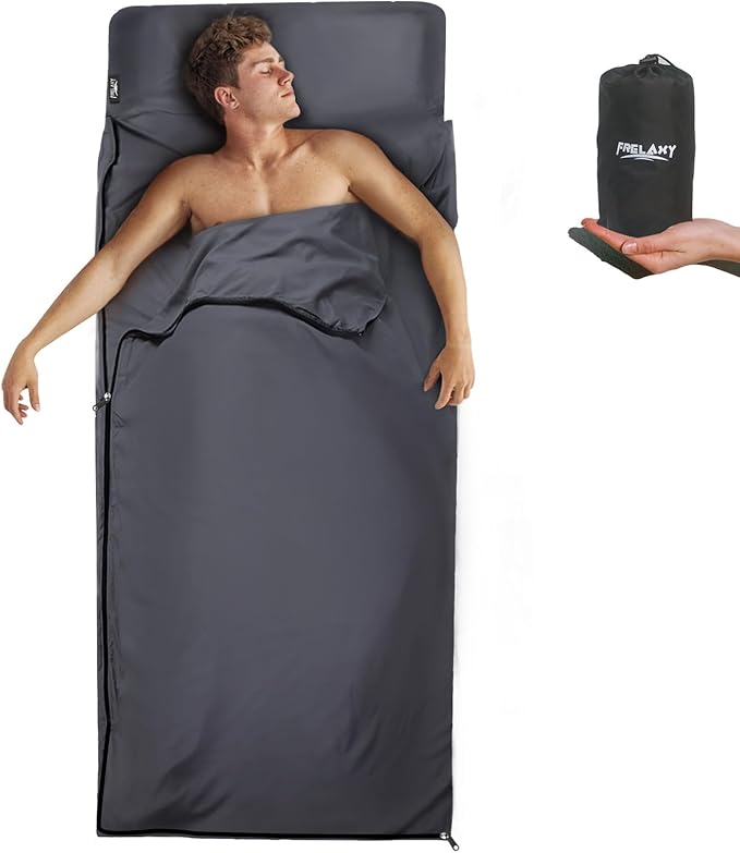 Frelaxy Sleeping Bag Liner, XL Travel Sheet & Camping Sheet for Backpacking, Hotel, Hostels & Traveling, Comfy & Easy Care, Full-Length Zipper/No Zipper, 4 Seasons Warm Cold Weather