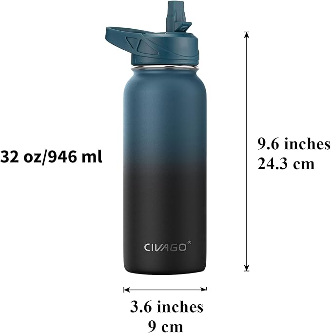 CIVAGO 32 oz Insulated Water Bottle With Straw, Stainless Steel Sports Water Cup Flask with 3 Lids, Wide Mouth Travel Thermal Mug, Red