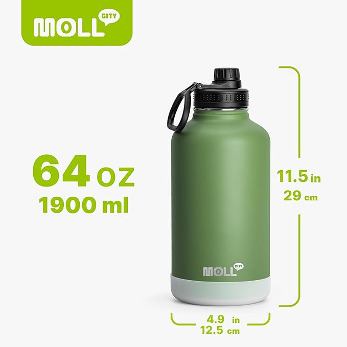 64 oz Water Bottle- Stainless Steel Vacuum Insulated Wide Mouth Sports Water Bottle with Spout Lid-Reusable Metal Leak Proof Travel Water Flask (Grass Green)