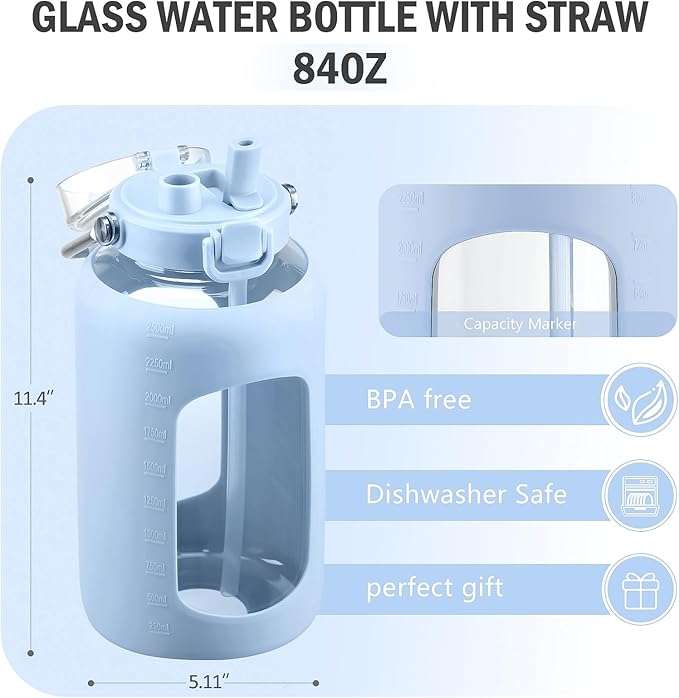 BLUEGO 84oz Water Bottle Glass with Stainless Steel Handle Large 2.5l Water Bottle with Time Markers and Silicone Sleeve Half Gallon Water Jug BPA Free for Gym Daily Use, Blue
