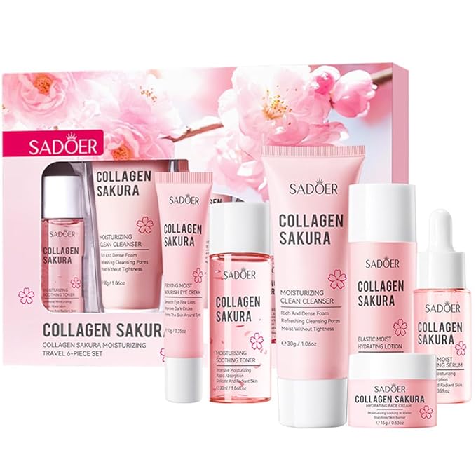 Travel Collagen Sakura Skincare Kit, 6pcs Skin Care Set include Cleanser, Toner, Lotion, Eye Cream, Serum & Face Cream, Hydrating & Soothing for All Skin Types, Perfect for Travel & Gift