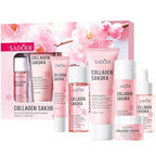 Travel Collagen Sakura Skincare Kit, 6pcs Skin Care Set include Cleanser, Toner, Lotion, Eye Cream, Serum & Face Cream, Hydrating & Soothing for All Skin Types, Perfect for Travel & Gift