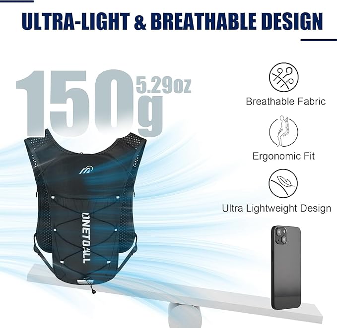 Running Vest for Women & Men, Lightweight 150g Hydration Backpack, 6L Pack for Trail Running, Marathon, Hiking, Cycling, Jogging, Adjustable Fit