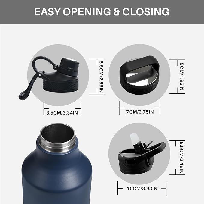 Insulated Water Bottle with Straw Lid Dustproof, 64 Oz Double Wall Stainless Steel Water Bottle for Hot and Cold Beverages, Leafproof BPA Free and Dishwasher Safe-64 Oz Navy Blue