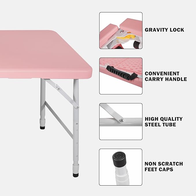 4 FT Folding Table with Carry Handle, Portable Fold-in-Half Plastic Table, Rectangle Foldable Table for Indoor/Outdoor Pink