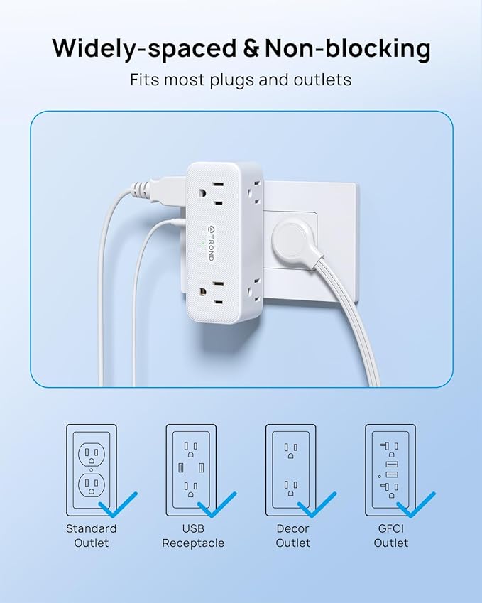 TROND 360° Rotating Wall Outlet Extender 2 Pack, 6AC Outlet Splitter with 2 PD20W USB C Charger and 2 USB A Ports, 900J Surge Protector, 3-Way Sideways Plug Adapter for Kitchen, Bathroom, Bedroom