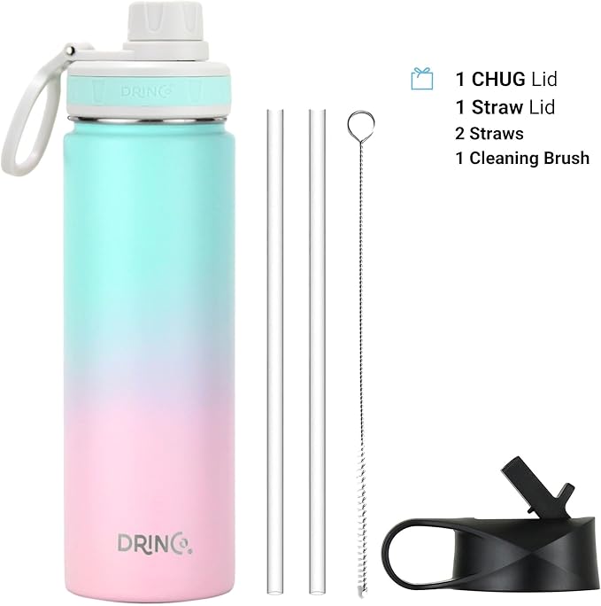 DRINCO Stainless Steel Water Bottle Spout Lid Vacuum Insulated Double Wall Water Bottle Wide Mouth (40oz 32oz 22oz 18oz 14oz) Leak Proof Keeps Cold or Hot (22 oz, 22oz Macaron)