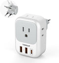 TESSAN European Travel Plug Adapter, Europe Adapter with 4 Outlets and 3 USB(1 USB C PD 20W), International Foldable Plug Type C Power Adaptor for EU Spain France Italy Germany Portugal Iceland