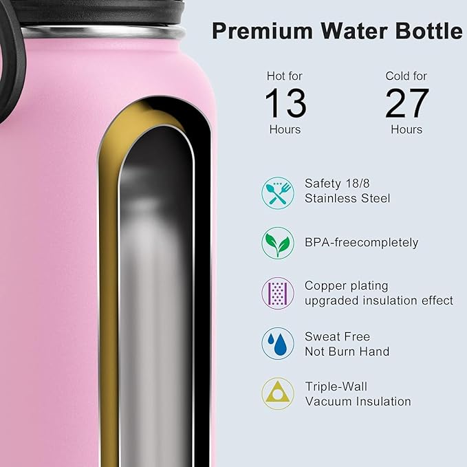 koodee Insulated Water Bottle, 32 oz Stainless Steel Double Wall Vacuum Wide Mouth Sport Bottle with Leakproof Spout Lid (Pink)