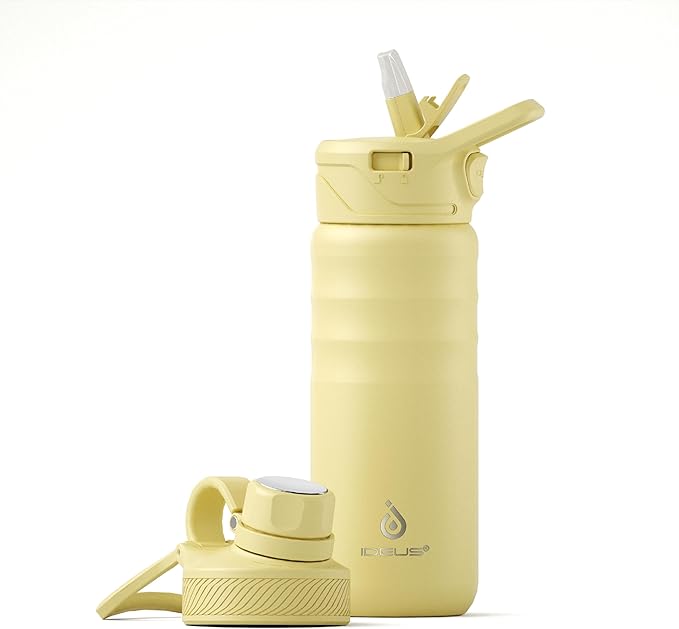 IDEUS Insulated Stainless Steel Water Bottle with 2 Leak-Proof Lids, Thermal Water Flask for Hiking Biking, 18oz, Light Yellow