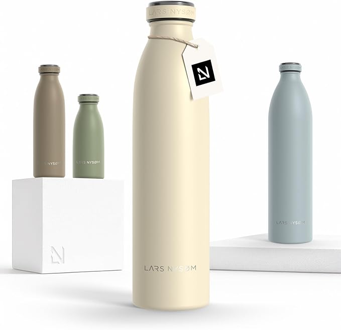 LARS NYSØM Stainless Steel Insulated Water Bottle 12oz 17oz 25oz 34oz 51oz | Insulated Thermo Flask for Hot and Cold Beverages | Leakproof Drinking Bottle (Almond Beige, 25.4oz)