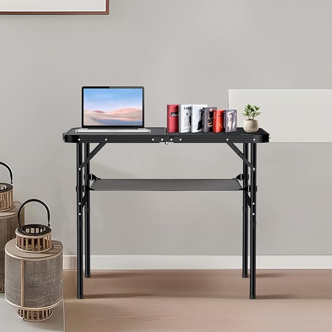 Folding Camping Table, 36" x 24" Portable Table Adjustable Height Max 28 inch Aluminum Folding Table with Storage Net, Lightweight, Portable Handle for Travel, Outdoor, Backyard (Black)