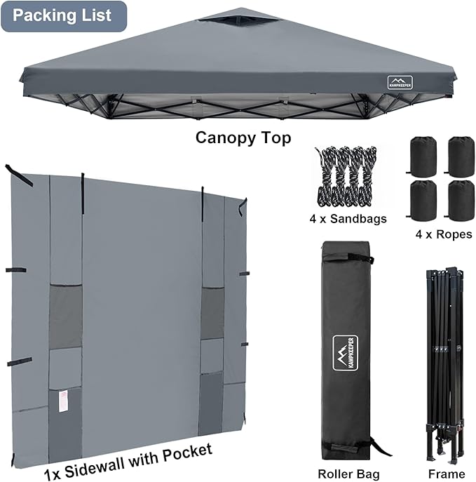 KAMPKEEPER 10x10 Pop Up Canopy Tent with Sidewall - Easy Setup Sun Shelter, Outdoor Shade with Vented Roof for Backyard | UV & Rain Portable Instant Camping Beach Canopy Tents (Dark Grey)