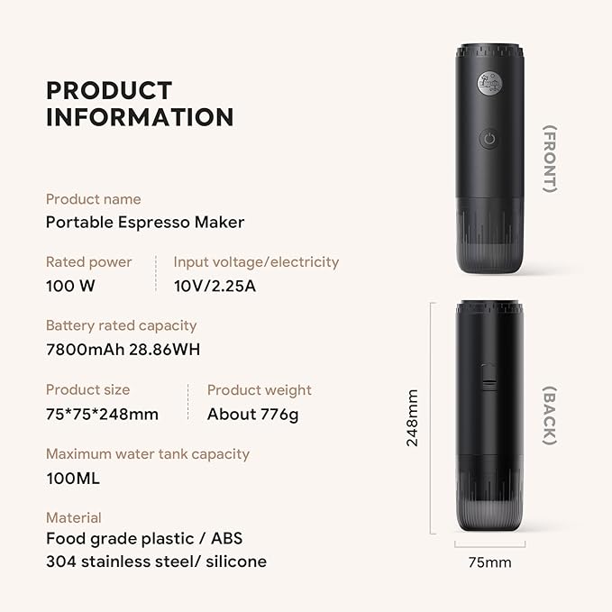 Portable Espresso Machine Mini 12V Rechargeable 3-in-1 Multi-Function Electric Coffee Machine One Key Extraction Compatible with NS & DG Capsules and Ground Coffee for Office Home (BLACK-NEW)