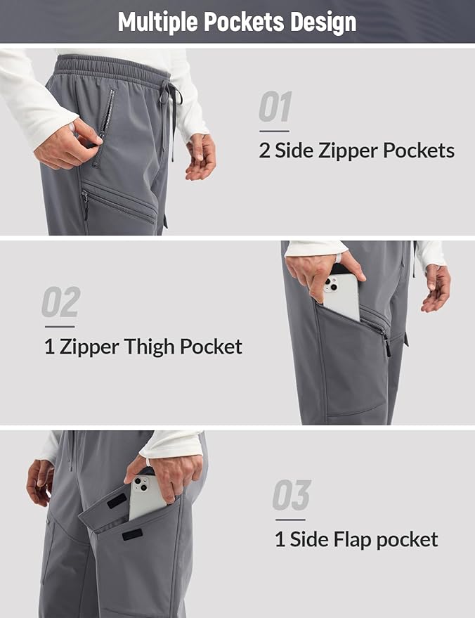 baleaf Men's Fleece Lined Hiking Cargo Pants Softshell Water Resistant Snow Thermal Pants Winter Insulate with Zipper Pocket