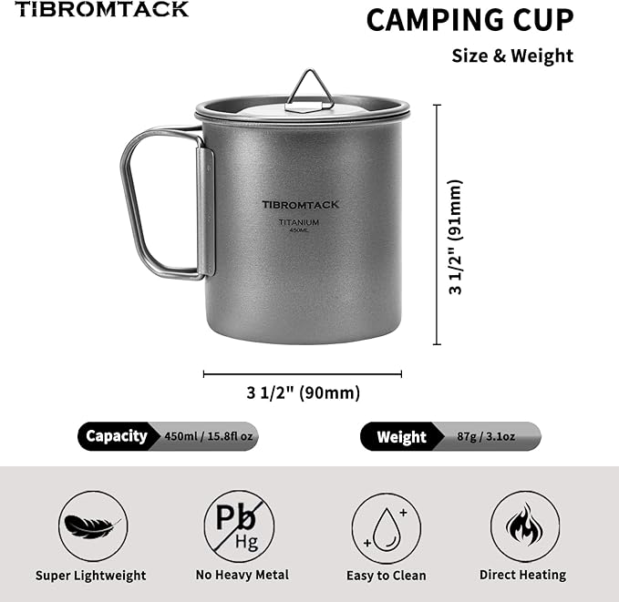 TIBROMTACK Camping Cup with Lid Pure Titanium Coffee Mug Ultralight 450ml Outdoor Small Camping Pot with Foldable Handle for Backpacking Hiking Travel and Daily Use with Mesh Bag