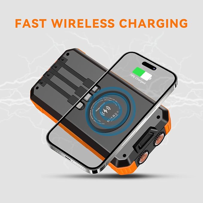 Solar Charger Power Bank 49800mAh Wireless Battery Pack PD18W QC3.0 Fast Charging Built in 3 Cables with USB-C 6 Outputs & 2 Inputs for Cell Phone