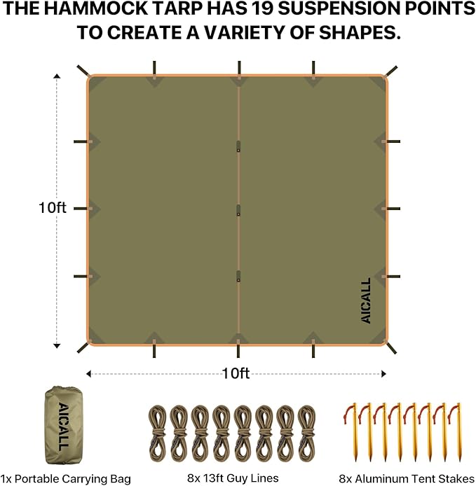 Waterproof Camping Tarp 10 x 10ft Survival Tent Backpacking Portable Tarp Multifunctional Anti-UV Shelter for Outdoor (Mud Green)