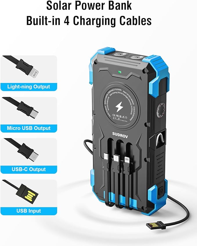 Solar Charger Power Bank, 42800mAh Wireless Portable Charger with USB-C in/Output, QC3.0 Fast Charging 15W 4 Ports Outdoor Battery Pack Built-in Dual Led Flashlights for iPhone Samsung etc