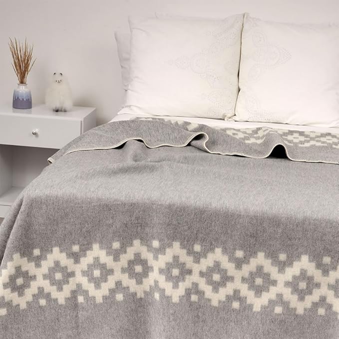 Thick Alpaca Wool Blanket Heavyweight Camping Outdoors Indoors Soft Peru Twin Size Ethnic Design (Soft Gray/Ivory 2, Twin Size)