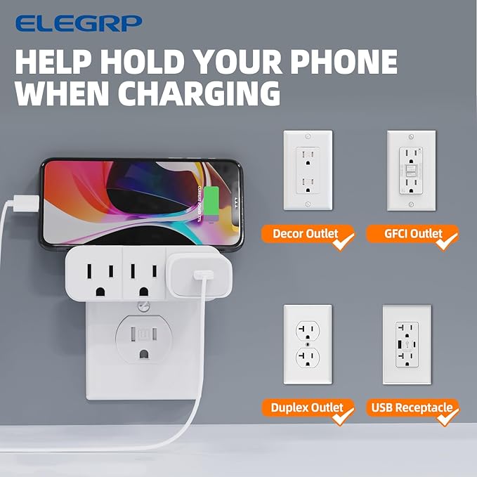ELEGRP Triple Outlet Extender, 3-Prong Grounded Wall Tab, Multiple Outlet Extender Adapter Plug with 3 Electrical Outlets for Travel Home Hotel Office, ETL Listed, 4 Pack, White