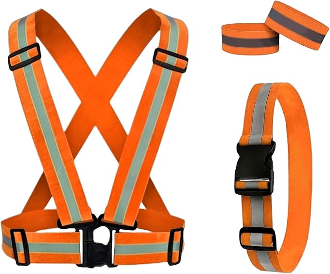 Reflective Running Gear Reflective Vest & Reflective Armband & Reflective Belt 3 Pcs Set, High Visibility Reflective Gear Night Cycling Walking Safety Vest Straps for Men Women Kids