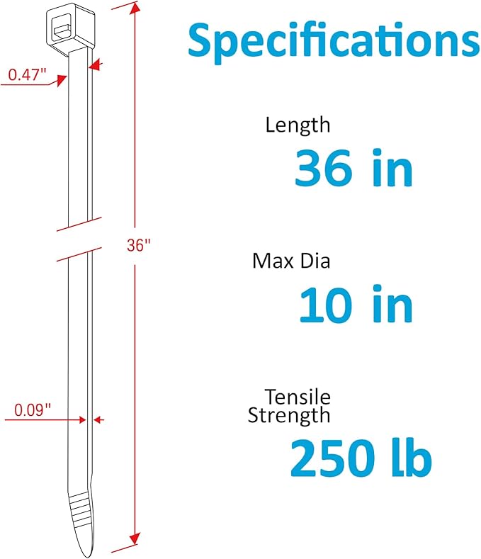 Large Zip Ties 36 inch (50 Pack), Long Zip Ties Heavy Duty with 250 lb Tensile Strength, Big Cable Ties, Black, by ANOSON
