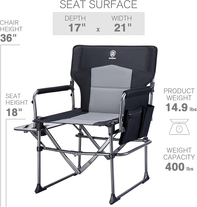 EVER ADVANCED Camping Directors' Chair with Side Table, Portable Folding with Compact Size, Heavy Duty Lawn Chair with Pocket for Camping, Lawn, Sports and Fishing, 400lbs, Black 2 Pack