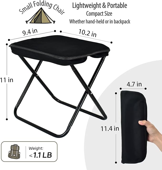 Hygite Portable Stool,10 Inch Small Folding Stool for Adults,Ultralight Black Camping Stools for Hiking and Fishing,Hold Up to 265 LBS