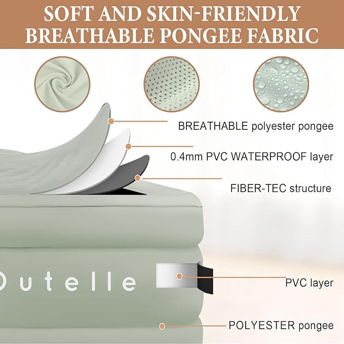 Air Mattress Queen with Built in Pump, Rechargeable USB-C Electric Pump, Self Inflatable Mattress Queen, Fiber-tech Portable Blow Up Mattress for Camping, Indoor and Outdoor(18" Height, Green)