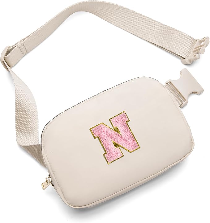 Gitus Belt Bag Fanny Pack Crossbody Bags with Initial Letter Patch Cute Stuff Birthday Gifts for Teenager Girls Trendy Preppy Stuff for Teen Girls(Beige-N)
