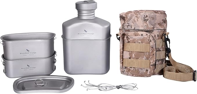 Boundless Voyage Titanium Canteen Mess Kit with Camouflage Bag Large Capacity Kidney-Shaped Camping Pot Pan Set with Lid & Hanging Chain